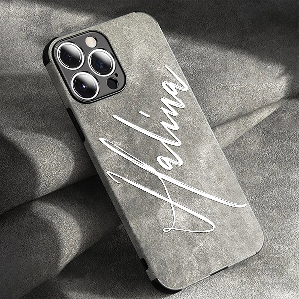 Large Brush Calligraphy Name Customized Phone Case For iPhone 16 15 14 13 12 11 Pro Max Lambskin Faux Leather Shockproof Cover