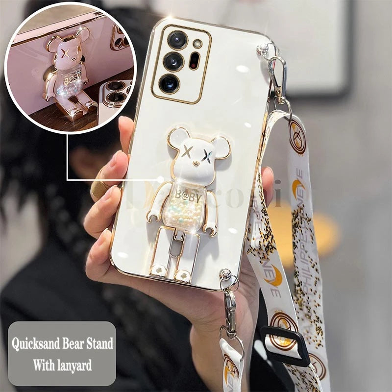 Cartoon Bear Lanyard Plating Phone Stereoscopic Holder Case For Samsung Galaxy Note 20 Ultra Note 10 Lite 8 9 M30S M42 M54 Cover