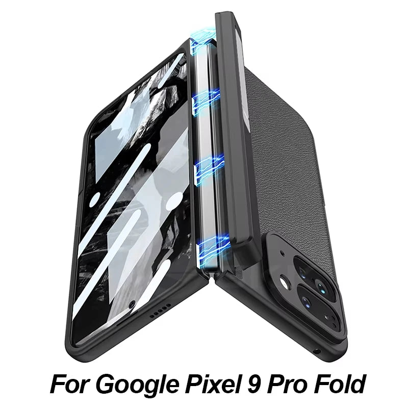 Magnetic Hinge Stand Case For Google Pixel 9 Pro Fold Plain Leather Screen Glass Protective Hard Cover For Pixel 9 Pro Fold Case