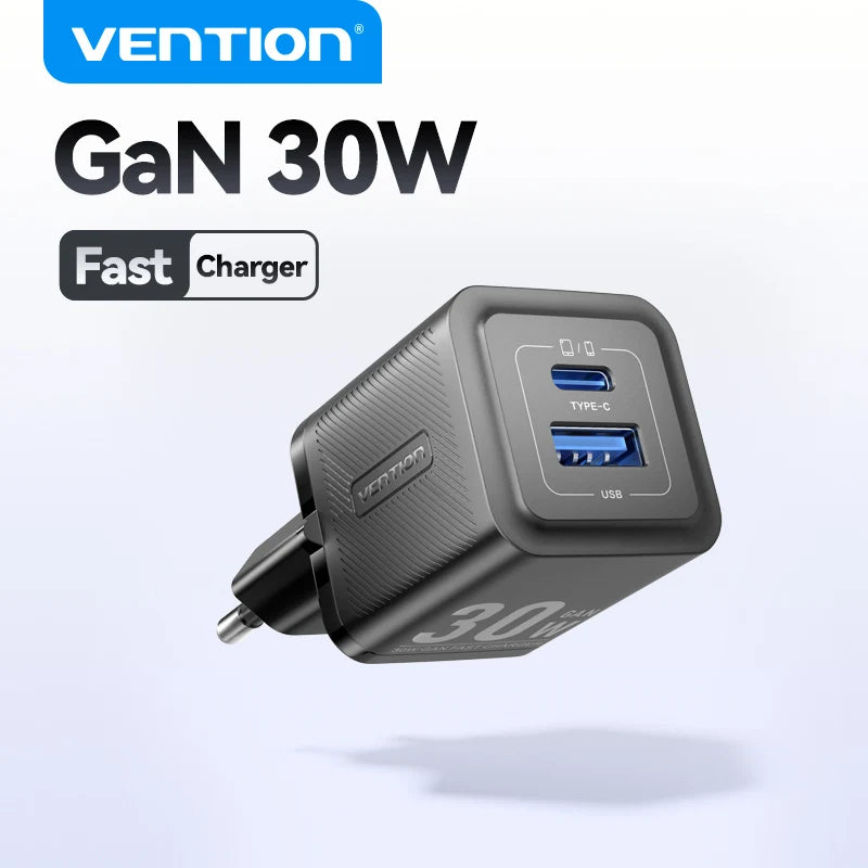 Vention GaN 30W Fast Charger for iPhone 17 16 15 14 13 PD3.0 Charger for iPad Pro Xiaomi Samsung USB Type C Mobile Phone Charger