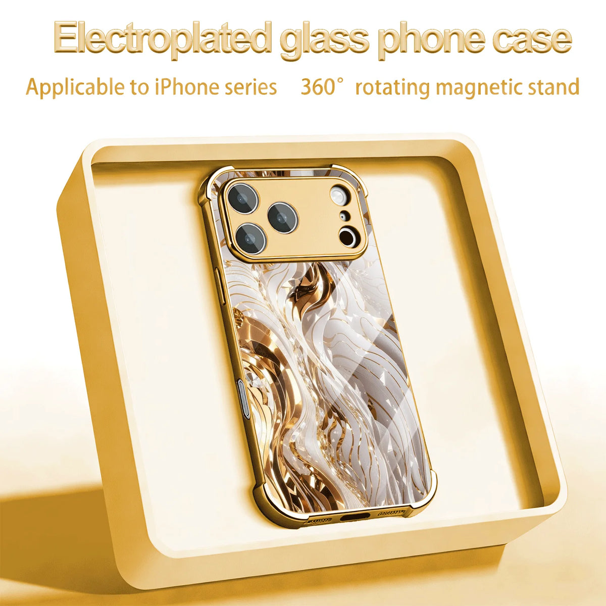 Gold And White Abstract Swirls Electroplated Glass Lens Protective Shockproof Case For iPhone 13 14 15 16 17 Pro ProMax