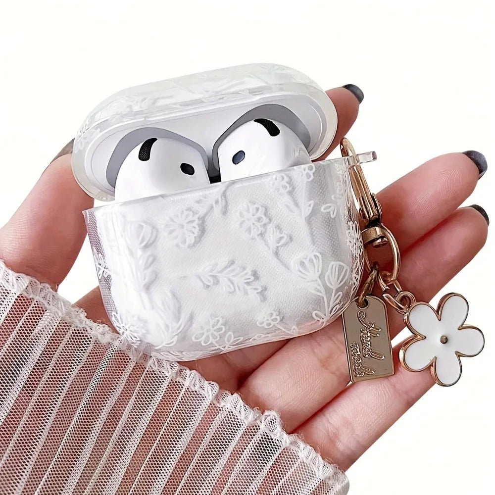 Elegant White Flower Pattern Earphone Case for Apple AirPods Pro2/Pro3/Pro Headphones Cover For AirPods 4/3/1/2 Protective Cases