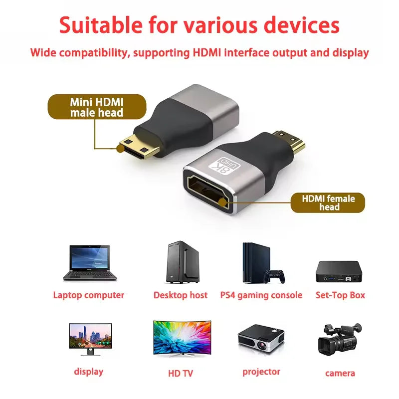 8K@60Hz Mini Micro HDMI-compatible Male to HDMI-compatible2.1 Female Adapter Converter for Camera Tablet Laptop HDTV Monitor