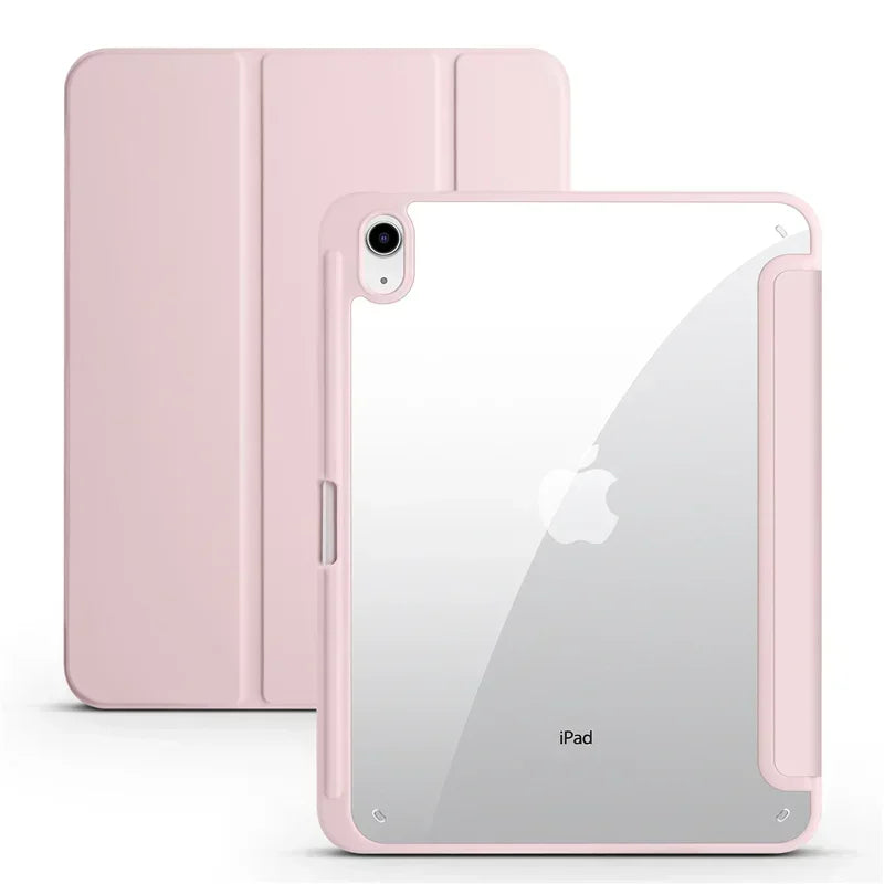 For iPad 10th Gen Case with Pen Holder Trifold Acrylic Clear Back Hard Cover For iPad 10.2 9.7 Air 11 5 4 iPad 11 A16 10 9 Case