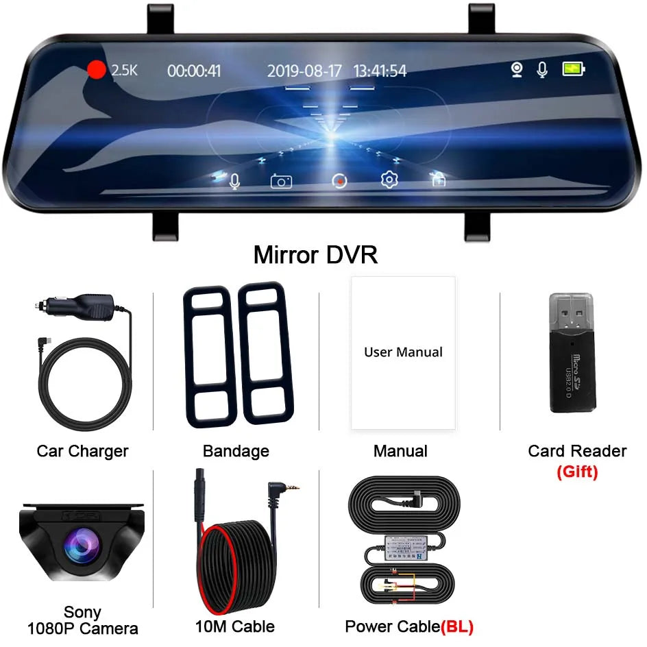 E-ACE 2.5K Mirror Camera For Car Touch Screen Video Recorder Rearview Mirror Dashcam 1440P GPS Wifi 24H Parking DVR Black Box