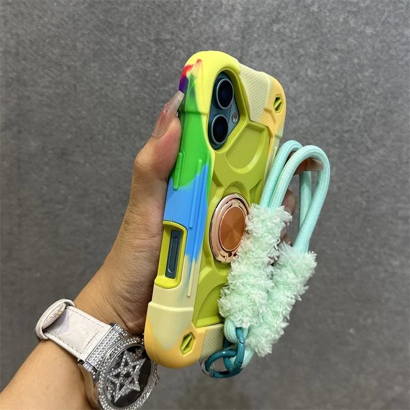 Luxury Heavy Duty Ring Holder Lanyard Case for iPhone 17 18 ProMax PC TPU Armor Cover for iPhone 11 12 13 14 15 16 Pro Max Plus