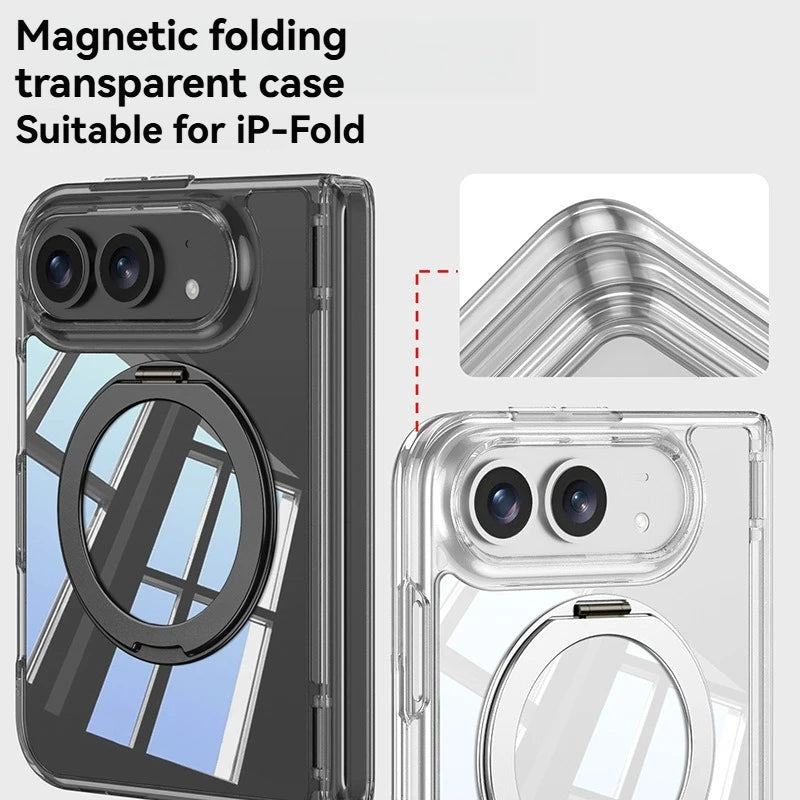 For iPhone Duo Fold Transparent Stand Phone Case with Magnetic Hinge Protection Compatible Film Integrated Design