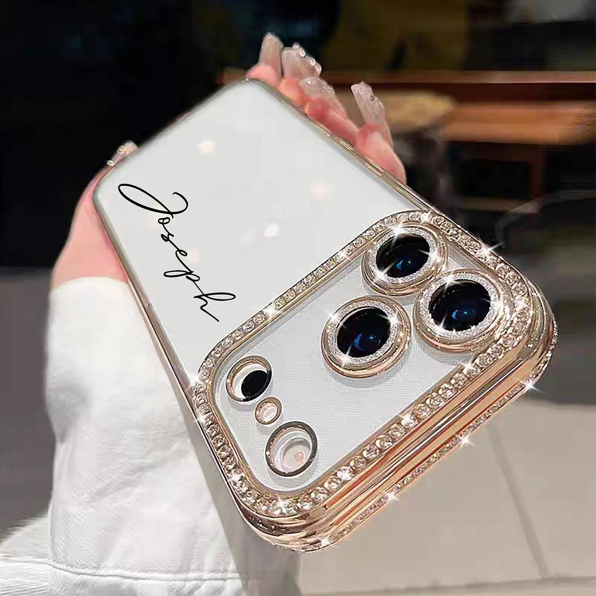 Custom Letters Name Starry Orange Rhinestone Glitter Frame Transparent Phone Case For iPhone 11 12 13 14 15 16 17Pro Max 17 Air