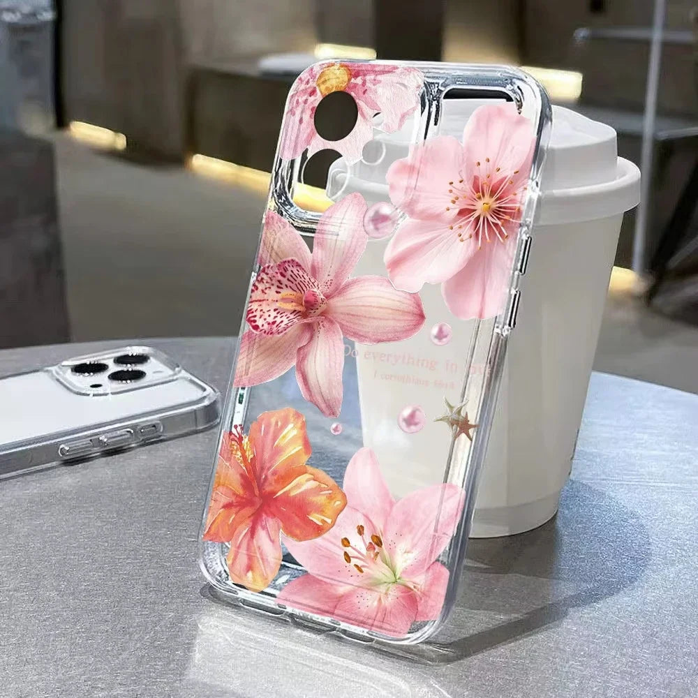 Pink Lily Orchid Hibiscus Clear Phone Case Pearl Decor Floral Transparent Shockproof Soft Cover For iPhone 17 Air 16 15 14 13 12 11 Pro Max Plus