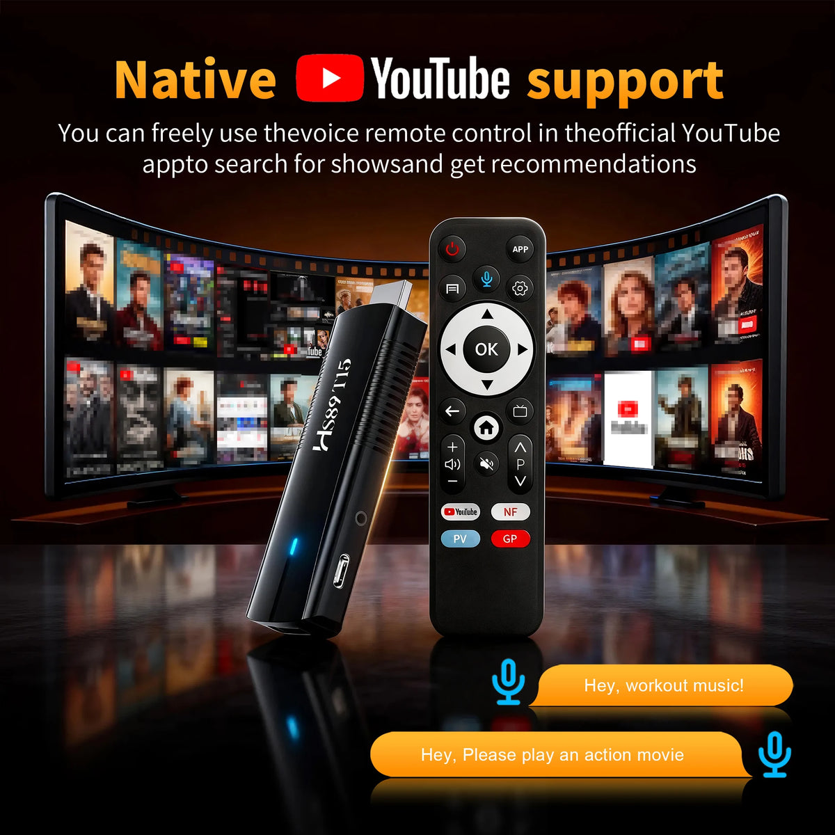 HS89 T15 RK3539 Android 14.0 TV Stick YouTube Certification 4K HDR10 BT Voice Assistant Remote Wifi6 BT5.4 Smart TV Box