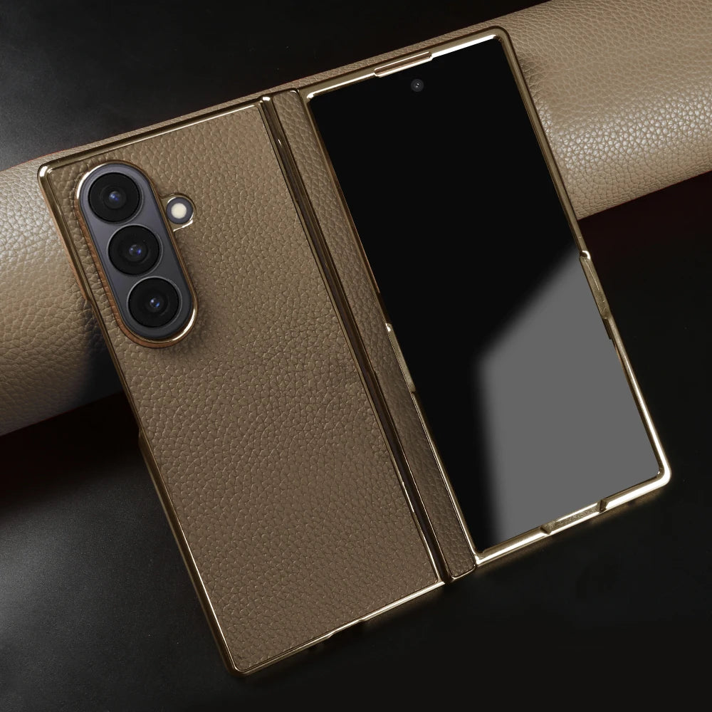 Lychee Genuine Leather Case For Samsung Galaxy Z Fold 8 6 5 4 Fold8 Ultra 8wide Fold7 Fold5 Fold6 Phone Cases Cover Funda Coque