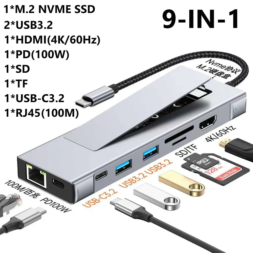 KEBIDUMEI 8-in-1 M.2 SSD Docking Station with Disk Storage 10Gbps USB 3.2 HUB USB C To SATA+NVME HDMI Adapter For Laptop Macbook