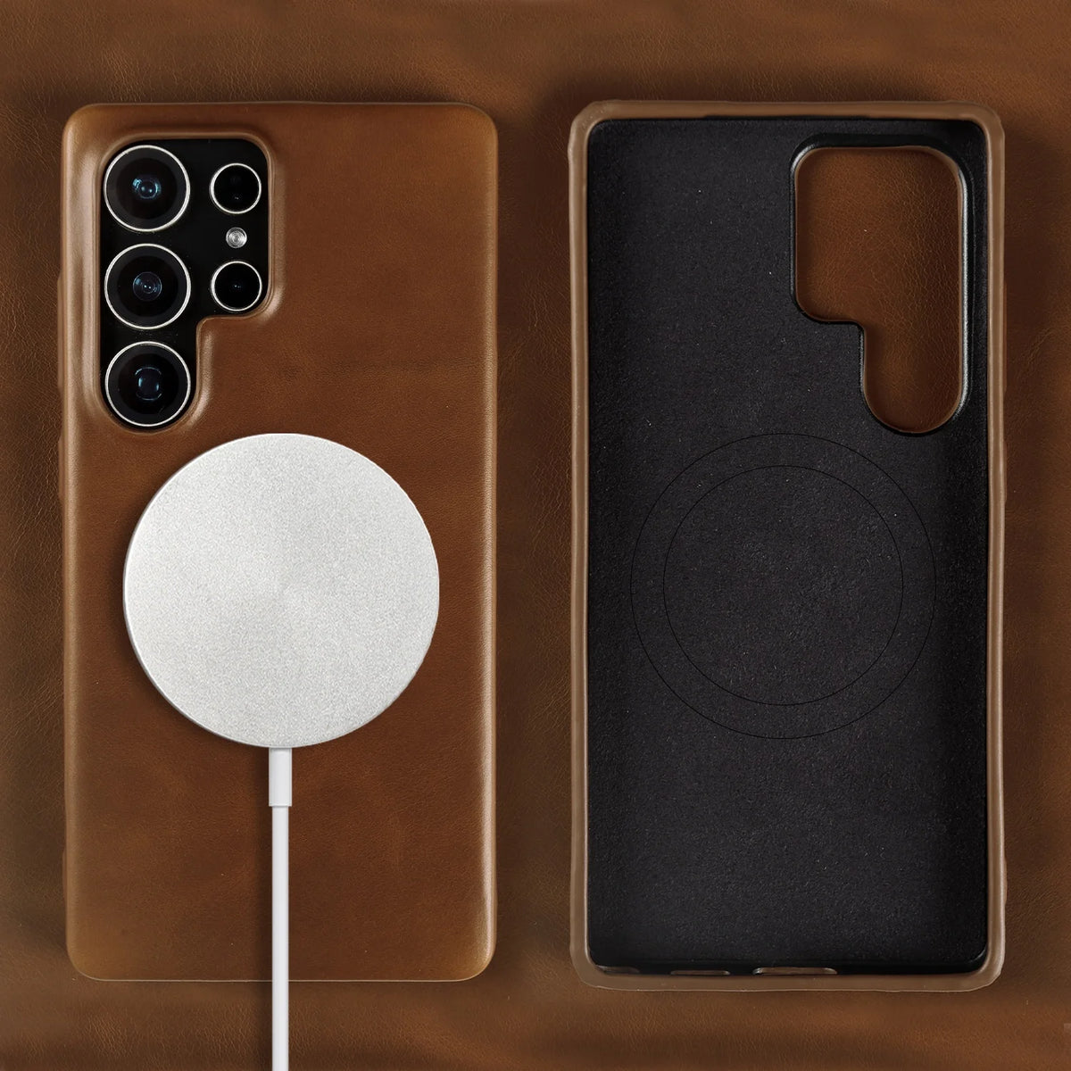 Full Wrapped Magnetic Genuine Leather Phone Case for Samsung Galaxy S25 Edge Cases S24 S23 S22 S21 S26 Wireless Charging Cover
