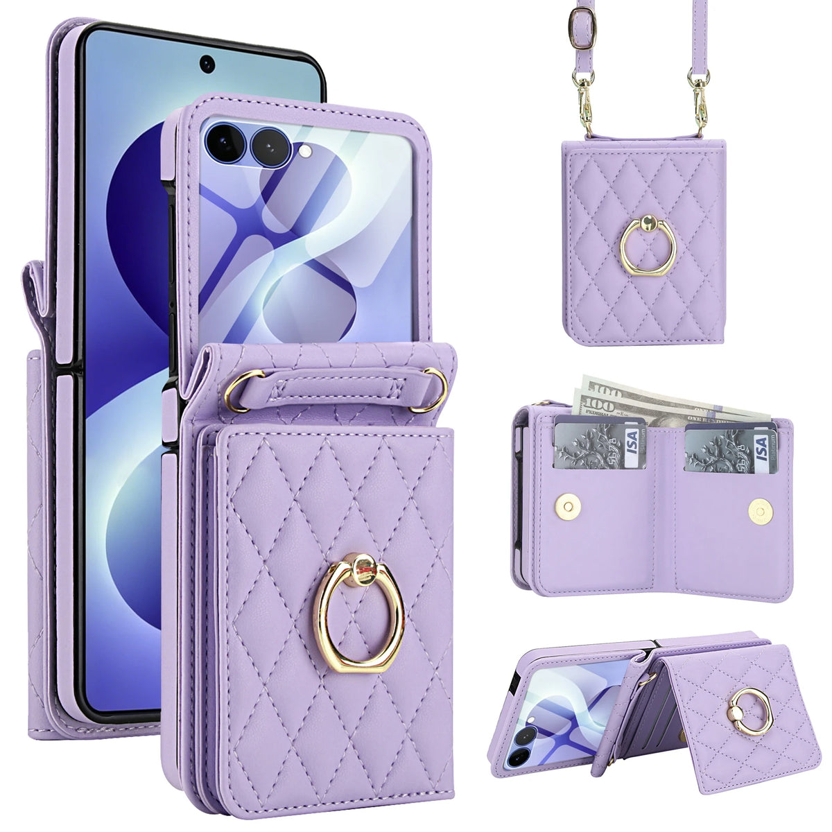 Crossbody Lanyard Leather Wallet Ring Holder Phone Case With Mirror Film For Samsung Galaxy Z Flip 8 7 6 5 4 3 Pocket Back Cover