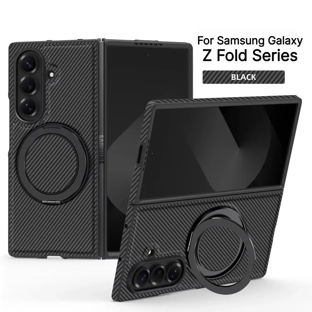 Business Carbon Fiber Texture Magnetic Case for Samsung Galaxy Z Fold 8 Ultra 7 6 5 4 for Magsafe Rotating Stand Protector Cover