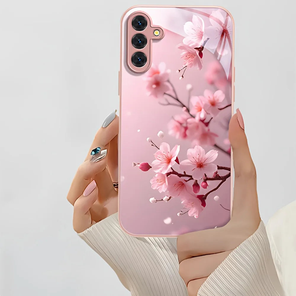 Case For Samsung Galaxy S26 Ultra S 26 S24 S25 Ultra S20 FE S21 FE S22 S23 Plus Case Pink Plum Flowers Tempered Glass Back Cover