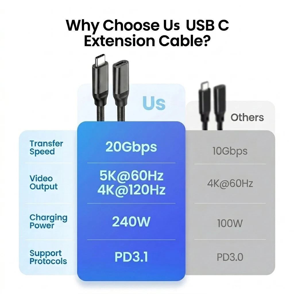 USB 3.2 Gen2x2 Extension Cable for Thunderbolt 20G 240W USB Type C Extender Male to Female Adapter for Monitor Cord Hub Laptop