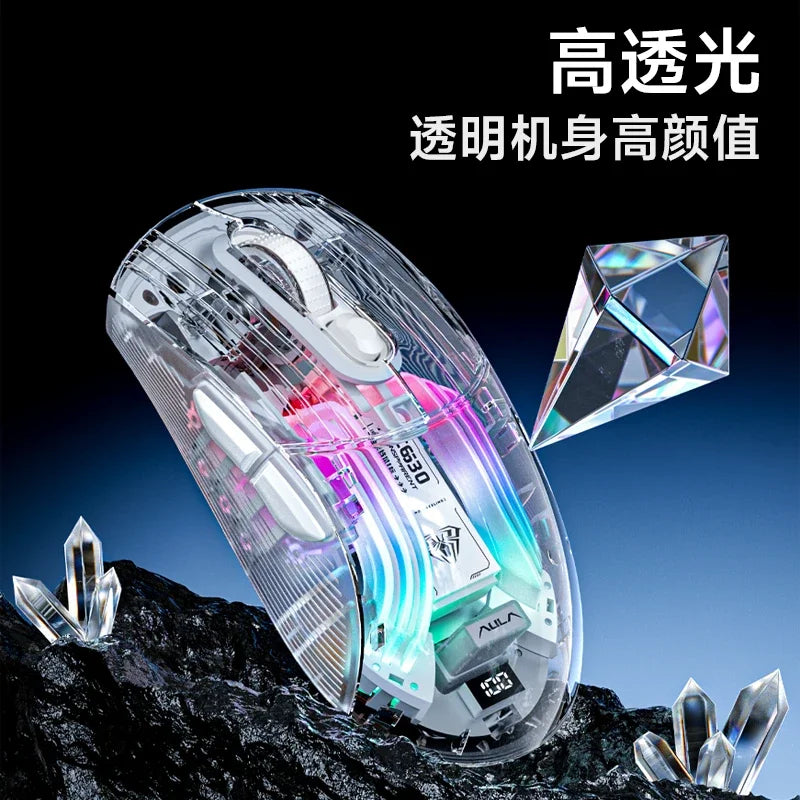 AULA SC630 Transparent Wireless Gaming Mouse Tri Mode Magnetic Charging Base RGB Lighting Battery Display For PC Gamer Office