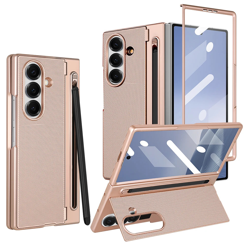 Hard PC Back Cover Phone Case for Galaxy Z Fold 7/6 with Touch Pen Included Kickstand Holder Phone Case with Screen Glass Film