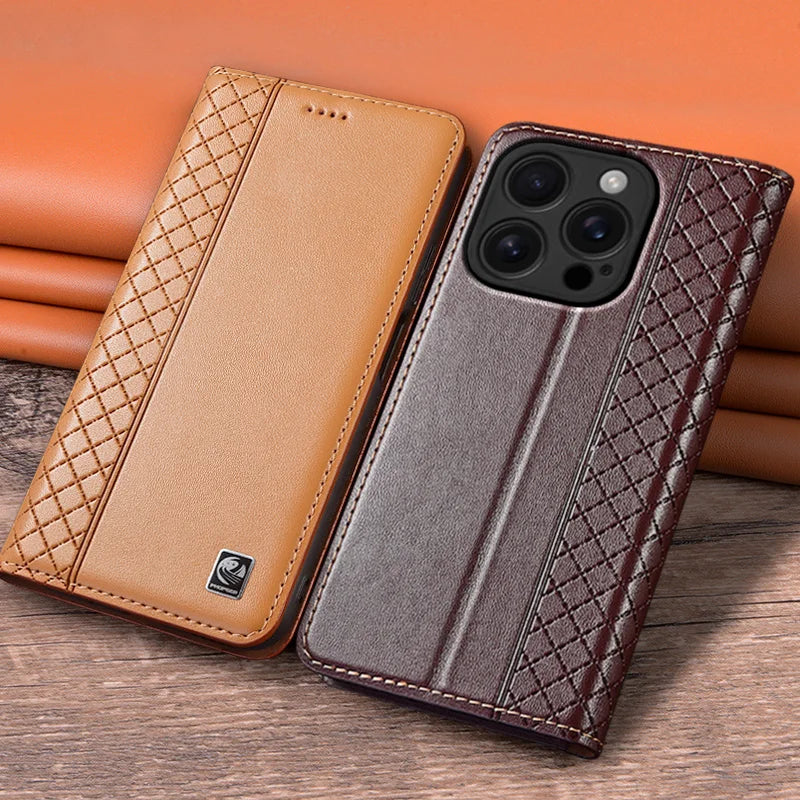 For APPLE iPhone 17 16 16E 15 14 Pro Max Air Plus Flip Case Grid Pattern Magnetic Cover Cowhide Genuine Leather Wallet Covers