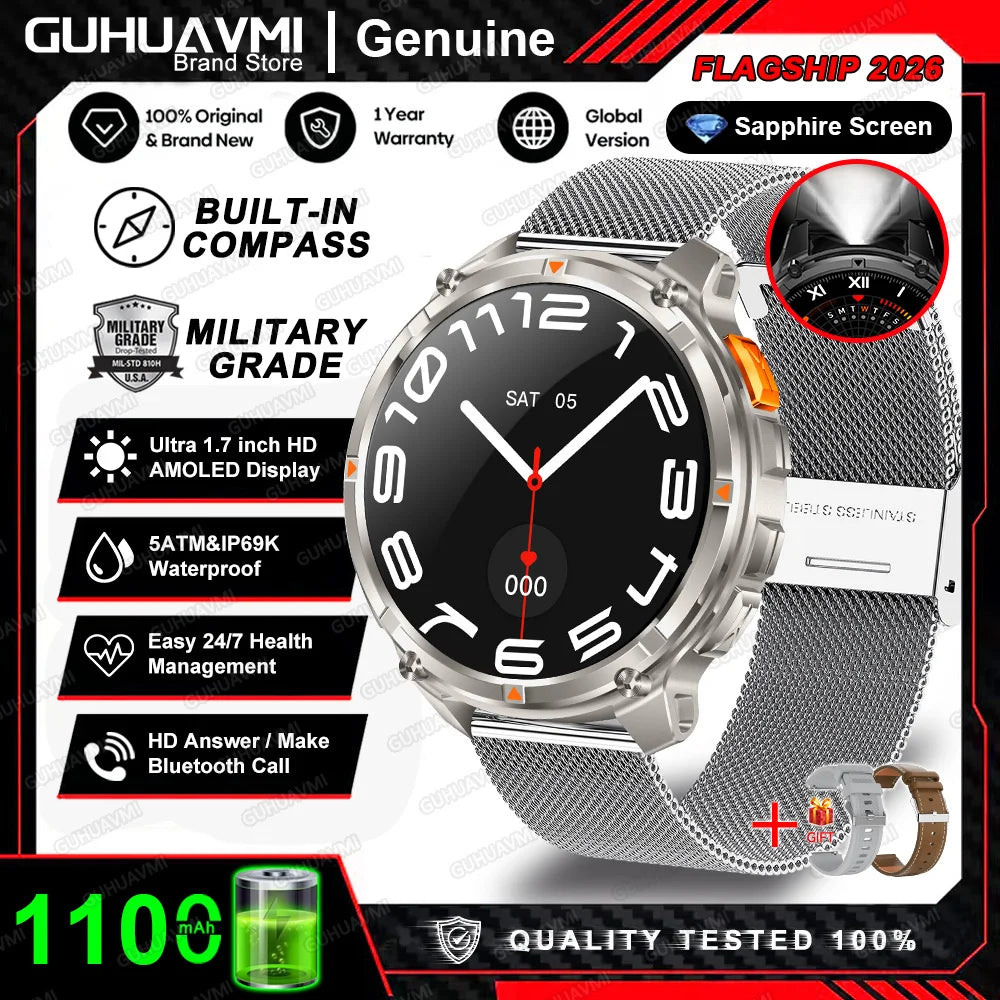 2026 New 1100mah AMOLED Smart Watch Men 170+Sport Fitness LED Flashlight IP69 Waterproof Bluetooth call GPS track Smartwatch iOS