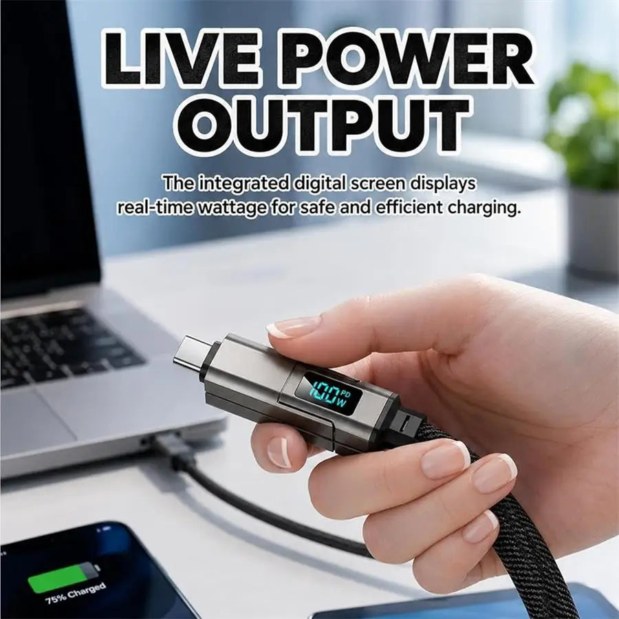 1/2PCS 4 in 1 65W Keychain Charging Cable USB C with V/A/W Display Type C for Apple Portable Cord for IPhone/iPad/Samsung/Laptop