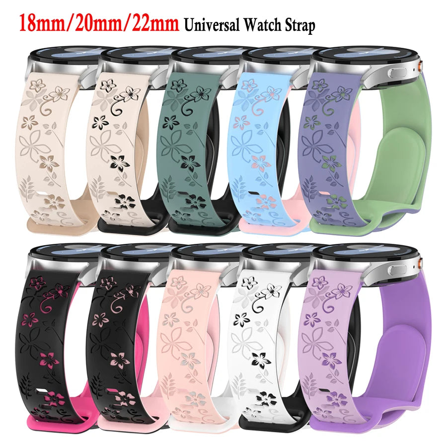 3D Silicone Watch Band Strap 18mm 20mm 22mm Carved Flowers Quick Release Smart Watch Strap for HUAWEI Samsung Amazfit Watch Band