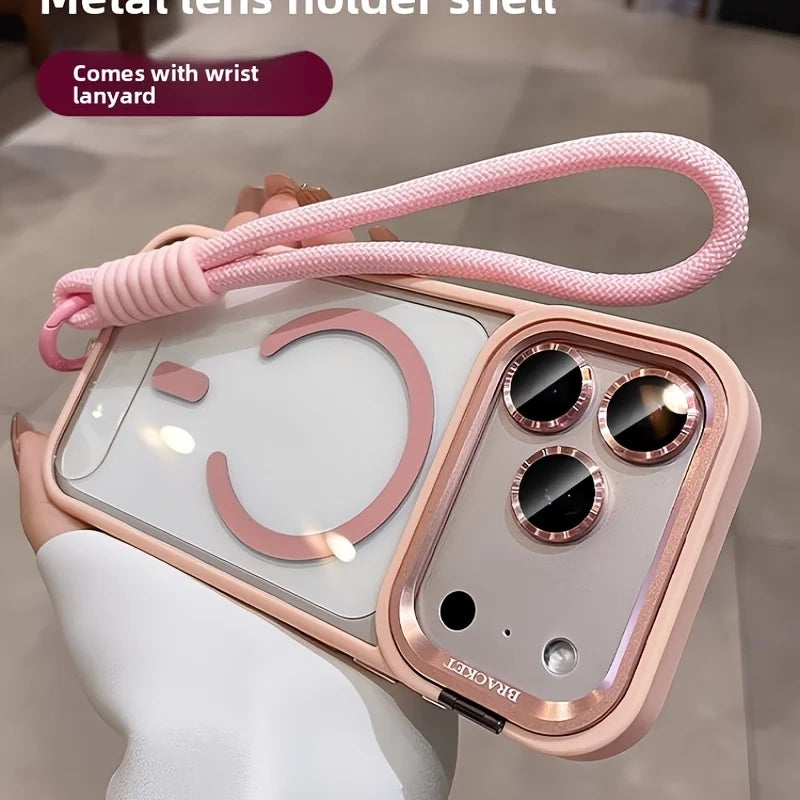 Camera Bracket Acrylic Magnetic Phone Case for IPhone 17 Air 17 16 15 14 Plus 13 12 11 Pro Max with Wrist Strap Lens Film Cover