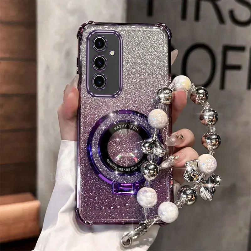 Pearl Strap Lanyard Glitter Lucky Ring Phone Holder Case For Samsung Galaxy S24 S20 S21 S22 S23 S25 FE Note 10 20 Plus + Ultra