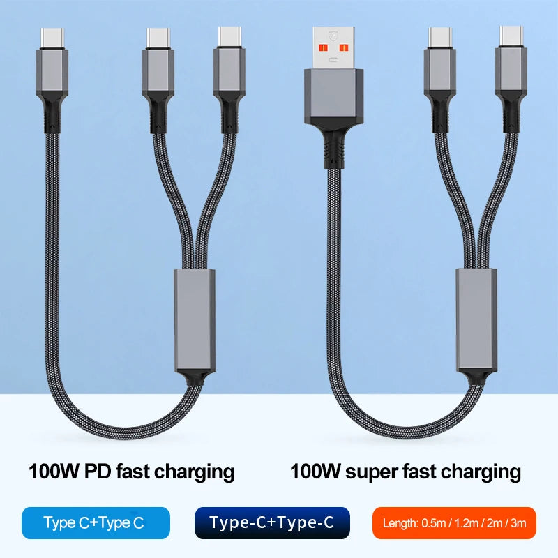 2 in 1 USB C to Dual Type C PD Fast Charging Data Cable,Multi Functional Braided Cord for iPhone 17/17Pro/16 Max Series,Samsung