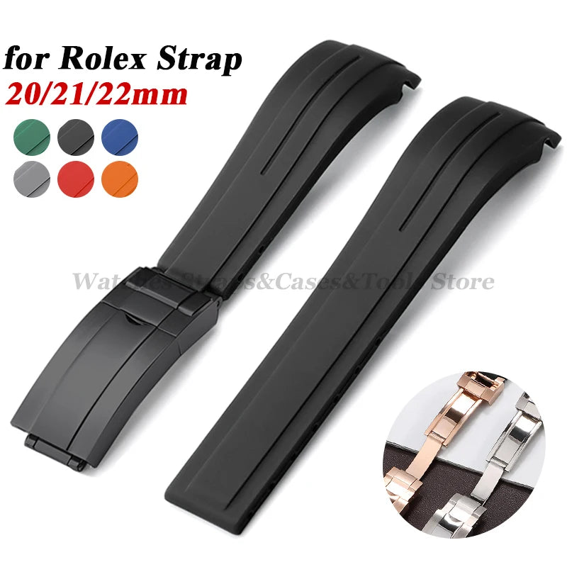 Curved Rubber Watch Bracelet 20mm 21mm 22mm for Rolex Green Water Ghost for Oysterflex Waterproof Silicone Folding Buckle Straps