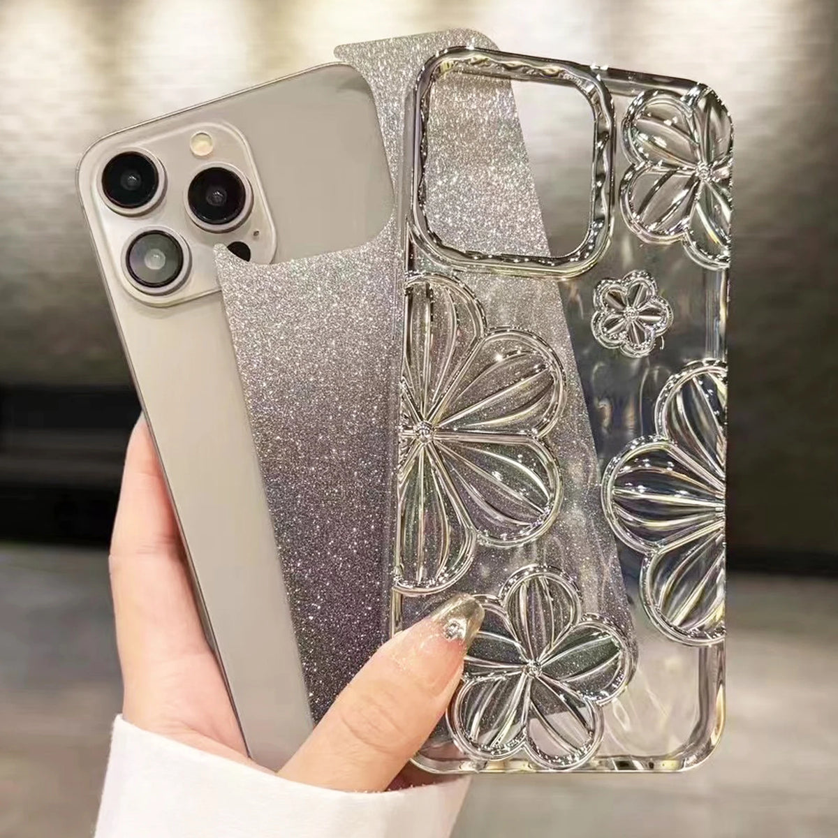 Glitter Plating Retro Leaking 3D Oil Painting Flower Anti-fall Phone Case for iPhone 11 12 13 14 15 16 17 Pro Max Back Cover