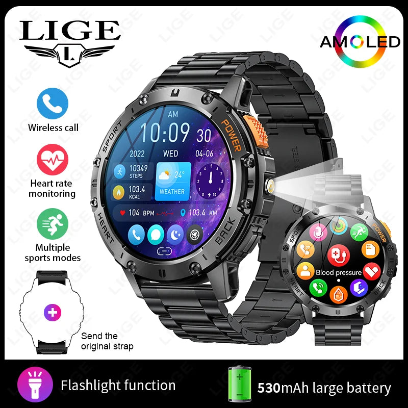 LIGE 1.43 Inch AMOLED Screen Bluetooth Call Flashlight 530mAh Outdoor Men Smart Watch Sports Health Monitor For Android IOS K65