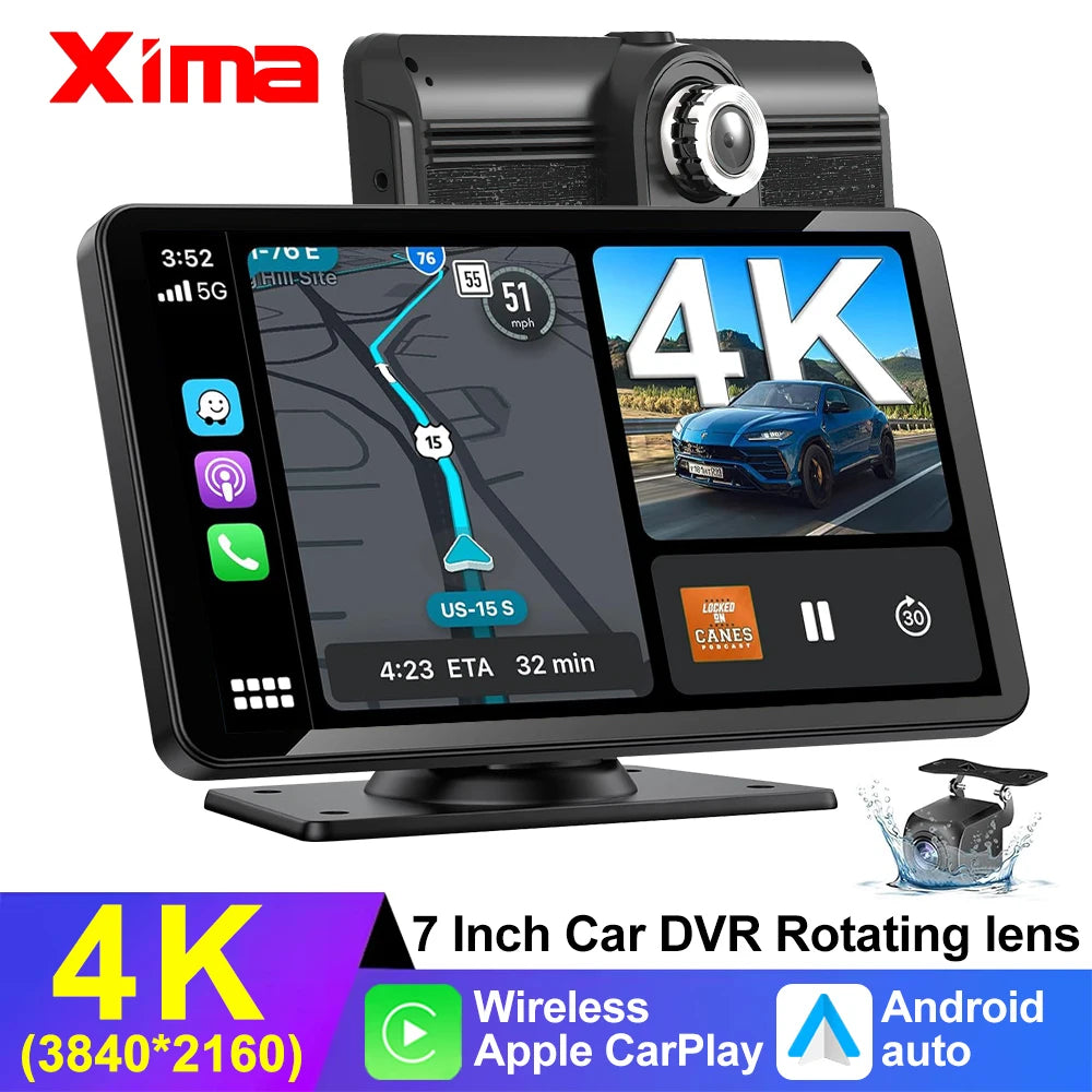 XIMA 7 inch Dash Cam 4K Car DVR Wireless Carplay Android Auto GPS Navigation Video Recorder Dashboard Dual Lens Reversing