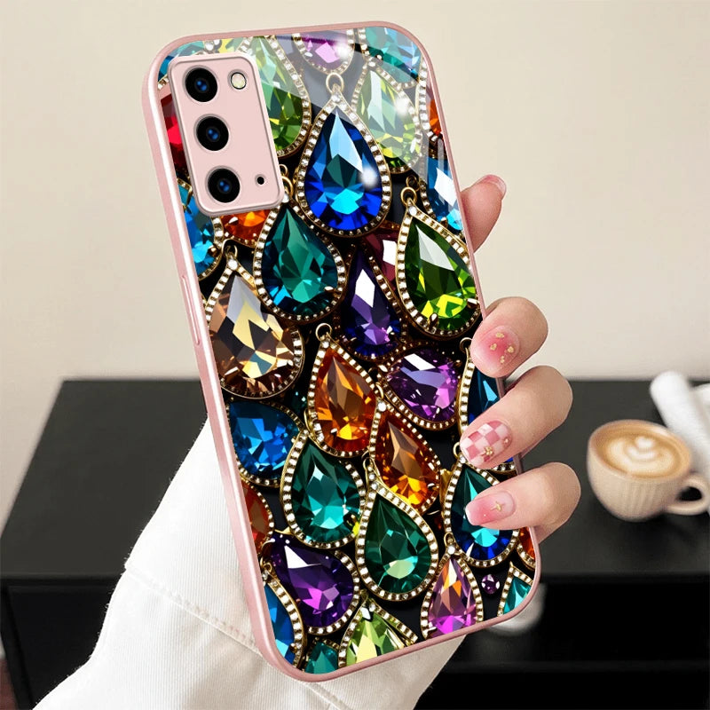 Colorful Teardrop Gem Pink Metallic Glass Phone Case For Samsung Galaxy S26 S25 S24 S23 Ultra Plus FE S8 S9 S10 Note8 9 10 Cover