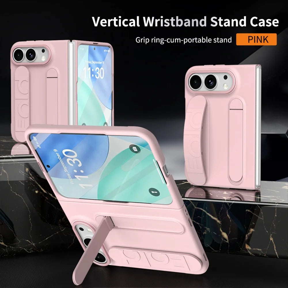 For iPhone Duo Cases Luxury Wrist Strap Bracket Stand Holder Case for iPhone Duo 18 Fold Solid Color Built-in Front Film Cover