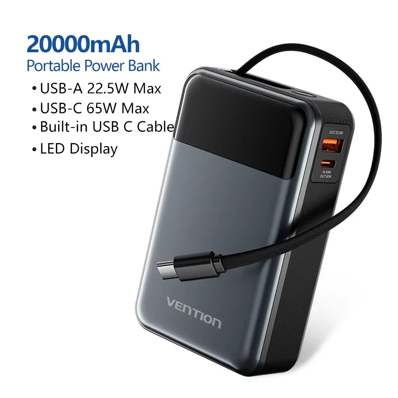 Vention 65W Power Bank 20000mAh Built-in USB-C Cable Portable Powerbank for Laptop PD Fast Charger for iPhone 17 Samsung S25 S24
