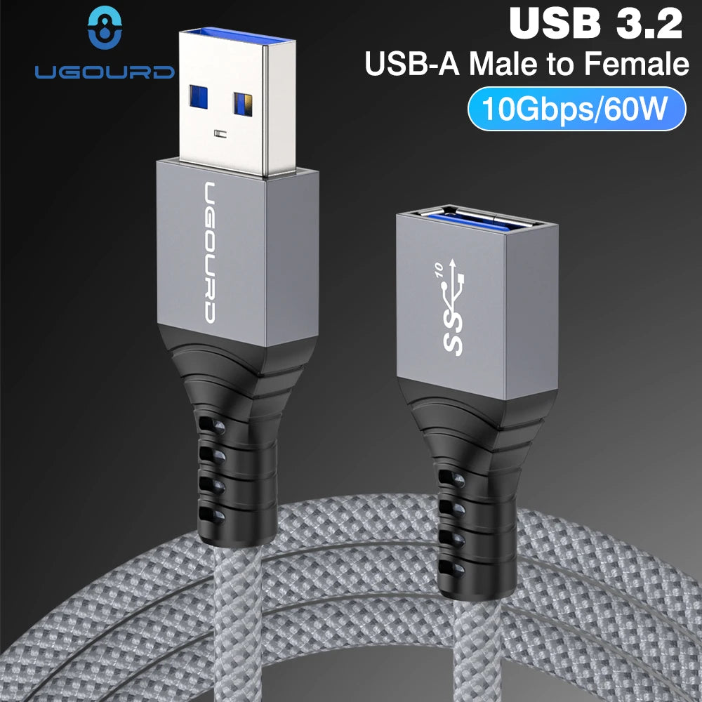 UGOURD USB 3.2 Gen2 Extension Cable 10Gbps USB A Male to Female Extender Cord Braided USB3 Extension Cable For U Disk Printer PC