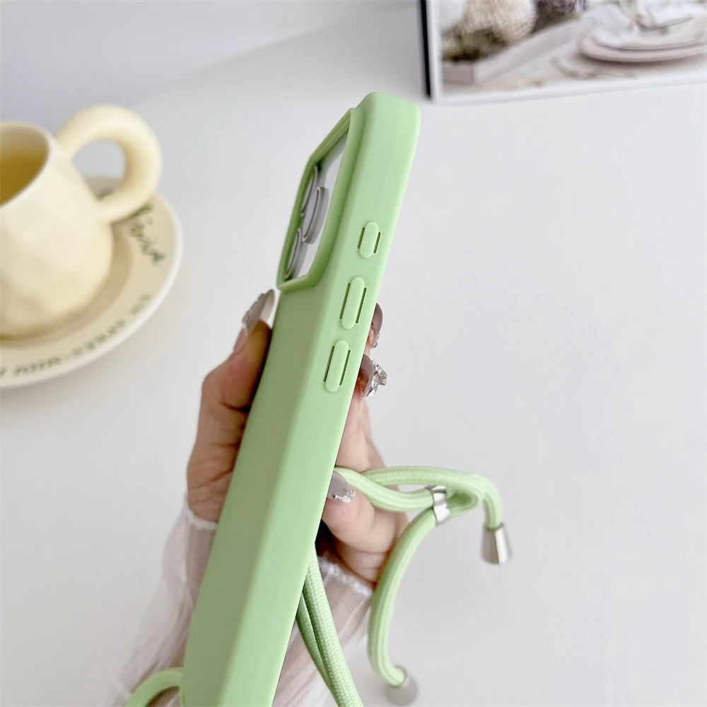 Crossbody Lanyard Cord Liquid Silicone Soft Phone Case for Apple IPhone 17 Air 16 15 14 Plus 13 Pro Max Matte Strap Candy Cover