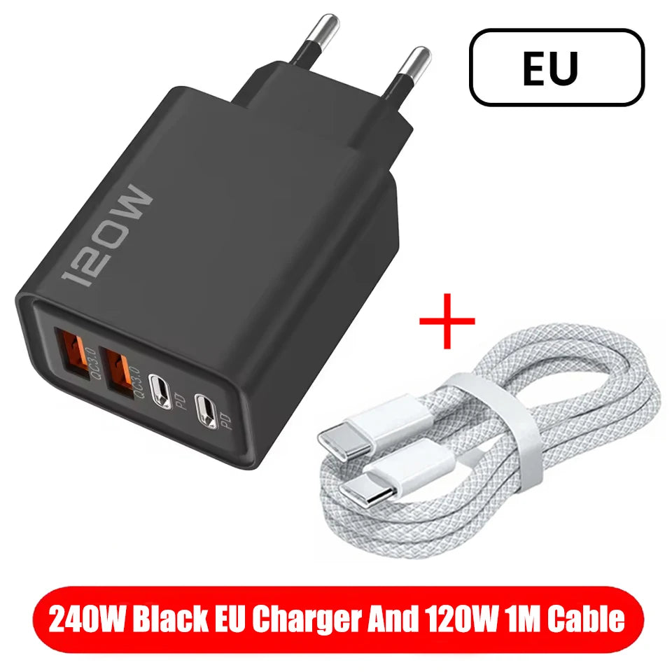 120W 4 Ports USB Charger Fast Charge Phone Charger Adapter Type C Cable For iPhone Samsung Xiaomi EU/US/UK Plug Wall Charger