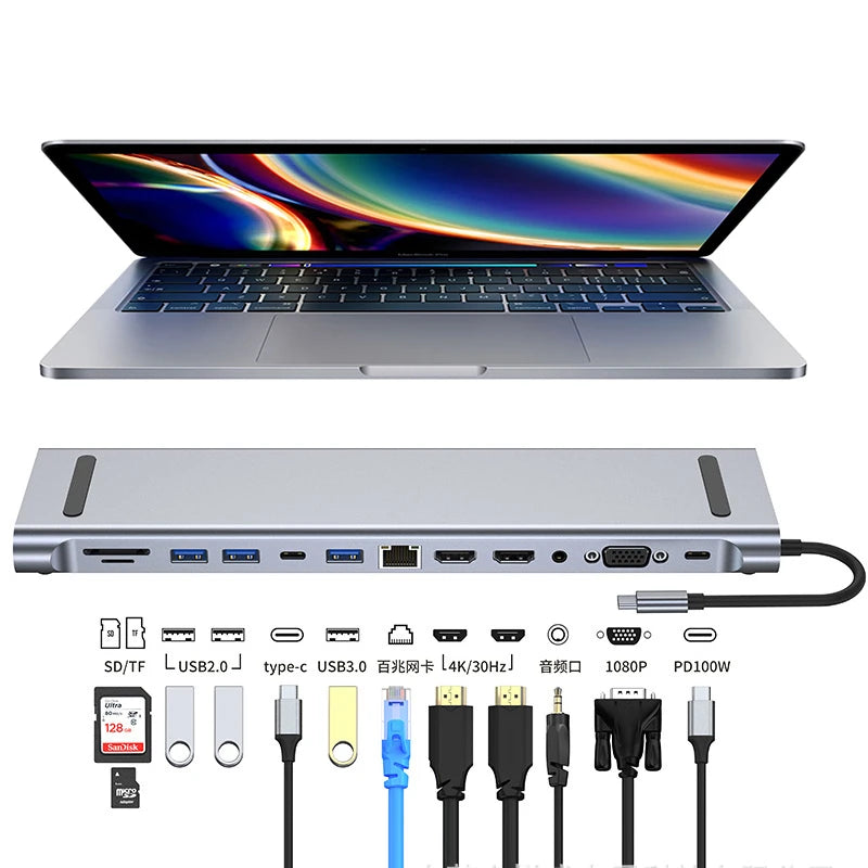 11/12-in-1 Type C Hub with 4K HDMI-compatible Multiport Adapter Dock Station USB 3.0 RJ45 SD/TF VGA PD for Laptop MacBook iPad