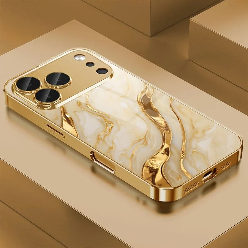 Golden Marble Waves Gold Metallic Paint Tempered Glass Phone Case For iPhone 17 Pro Max 11 12 13 14 15 16 Plus 17 Air 16E Cover