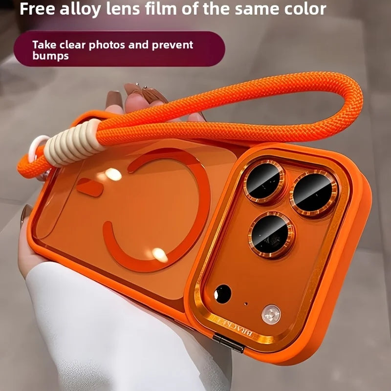 Camera Bracket Acrylic Magnetic Phone Case for IPhone 17 Air 17 16 15 14 Plus 13 12 11 Pro Max with Wrist Strap Lens Film Cover