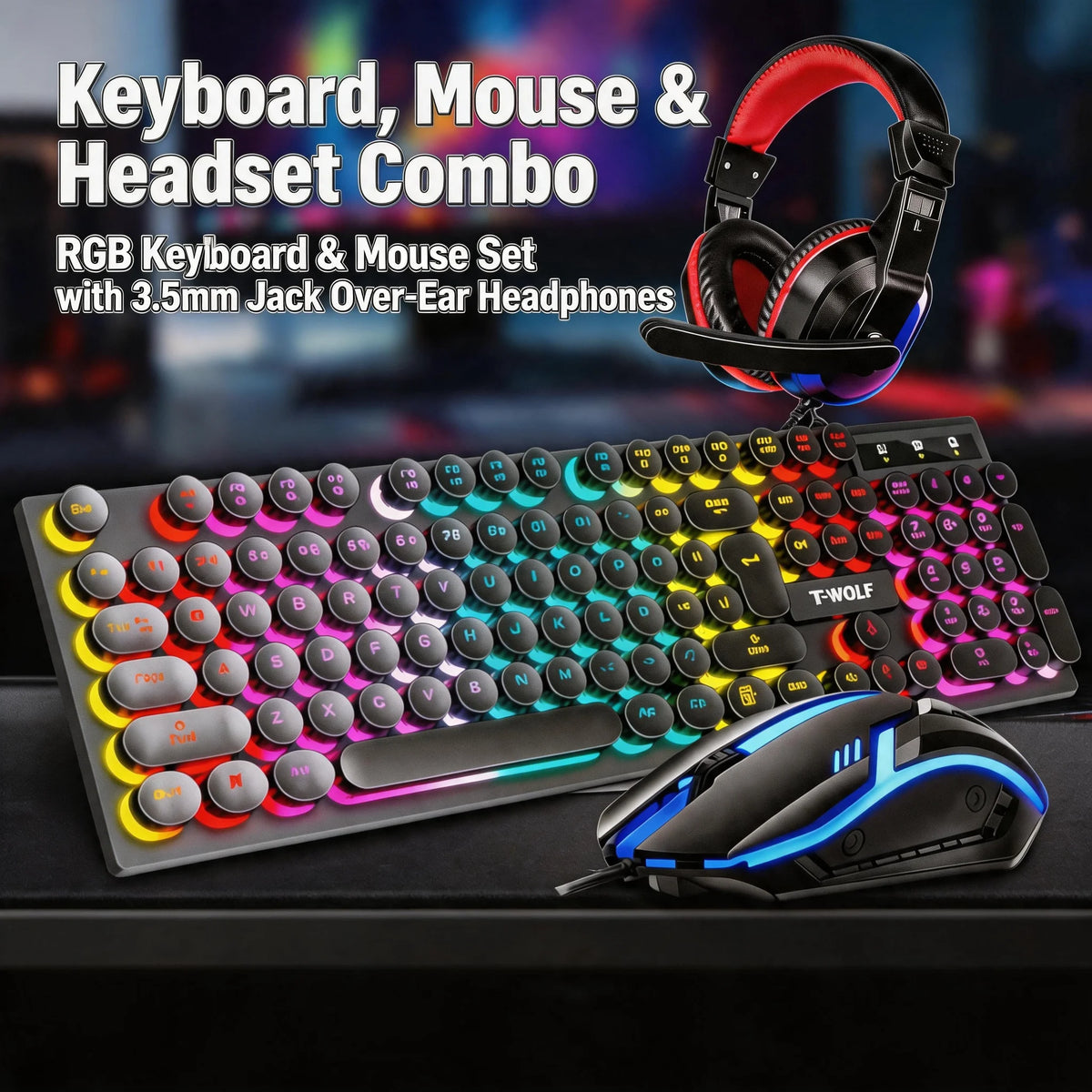RGB Gaming Keyboard Mouse Headset Combo Wired USB 3.5mm LED Backlit Round Keycaps Gaming Set for PC Laptop PS4 Xbox Gaming Setup Back to School Gamer Gift