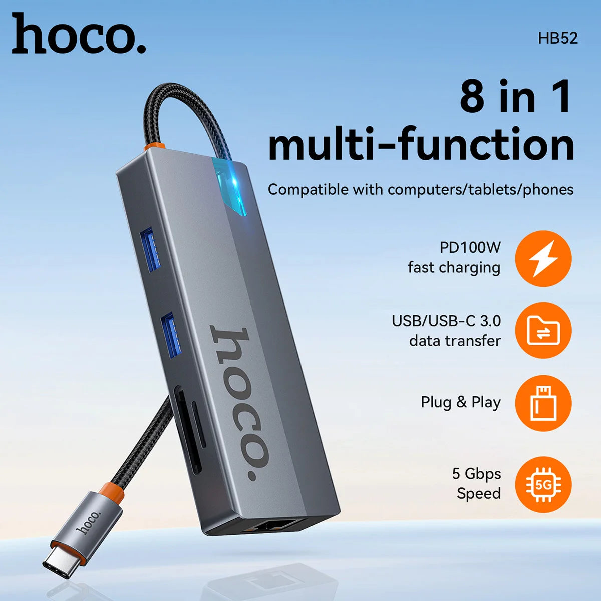 HOCO 8-in-1 USB C to HDMI-compatible RJ45 HUB 4K 60Hz PD100W USB Splitter Adapter For Macbook Air SD TF Multi Converter Office