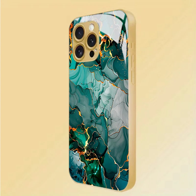 Green Gold Dali Texture Tempered Glass Phone Case For iPhone 17 Pro Max 14 15 16 Plus 11 12 13 Pro Max 16E 17Air Protect Cover