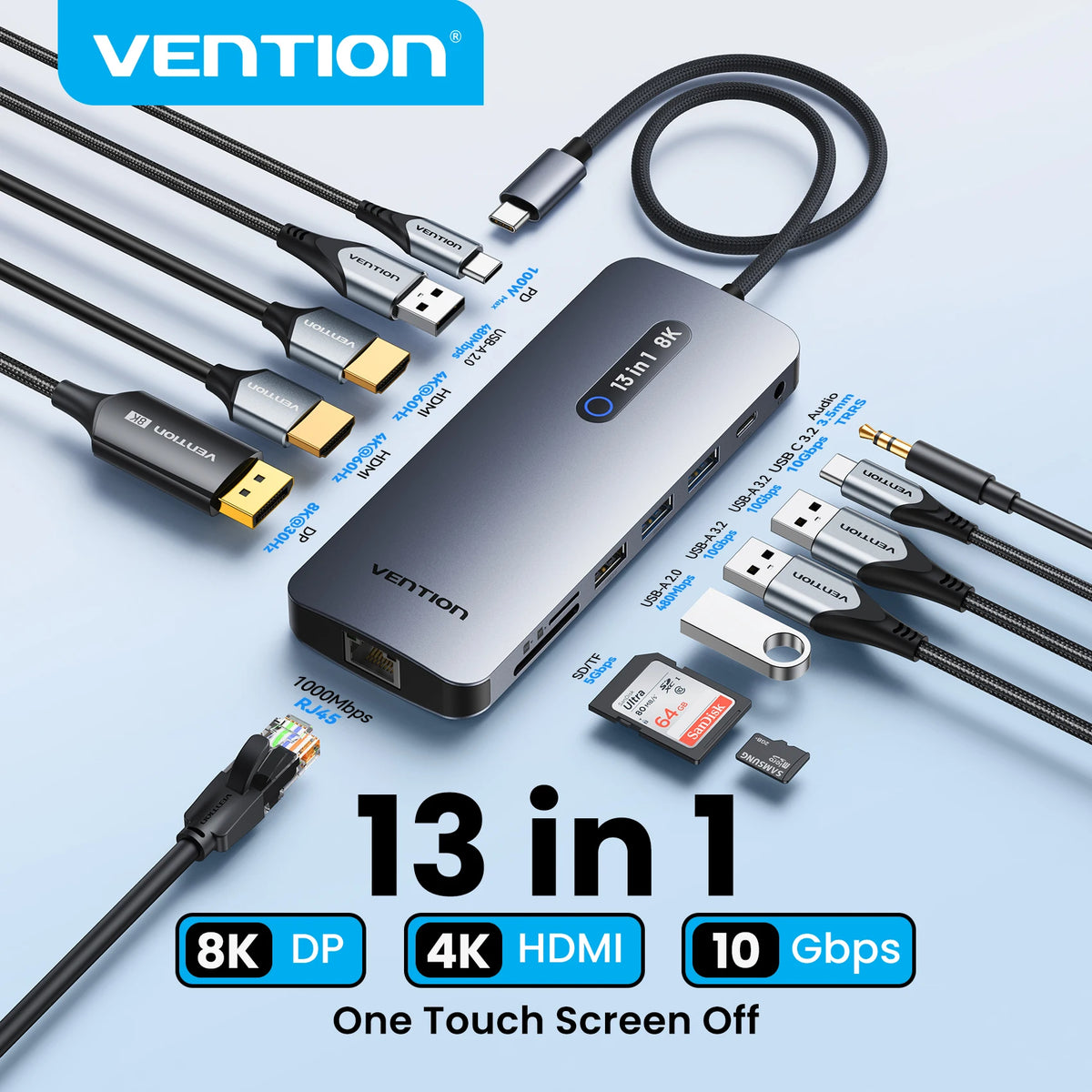 Vention 13 in 1 USB C Docking Station 8K DP Triple Display Dual 4K HDMI USB 3.2 HUB One Touch Screen Off for MacBook Pro Windows