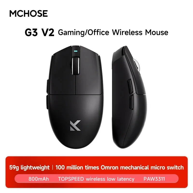 MCHOSE G3 V2 Wireless Gaming Mouse PAW 3311 Sensor Tri-mode 800mAh All-Around Grip Omron Mechanical Switches TTC Silver Wheel