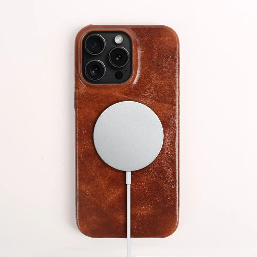 Business Genuine Leather Case for iPhone 16 Pro Max 14 13ProMax 12 11 Magnetic Magsafe Premium Cowhide Phone Cover Back Coque