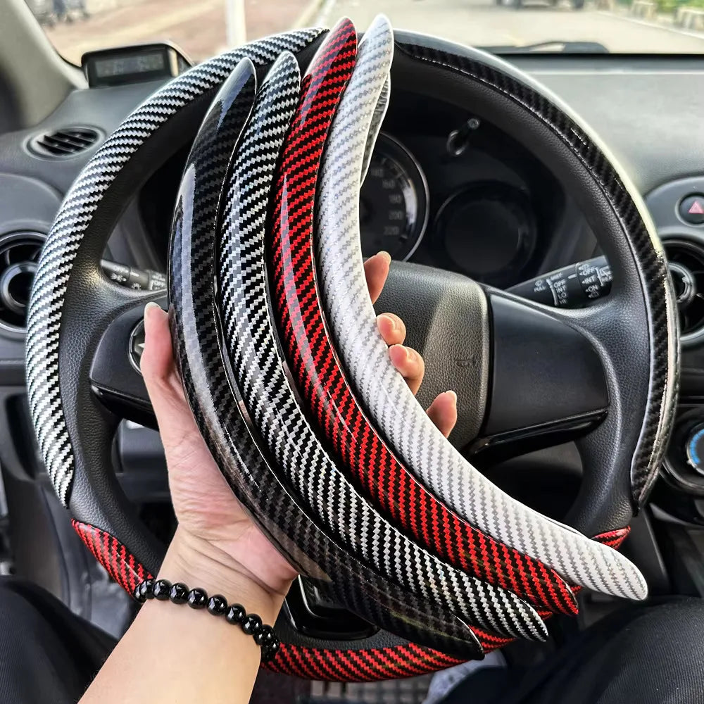 3PCS Laser Carbon Fiber Silicone Car Steering Wheel Cover 1K Micro Fiber Leather PVC Wheel Booster Cover Non-Slip Universal
